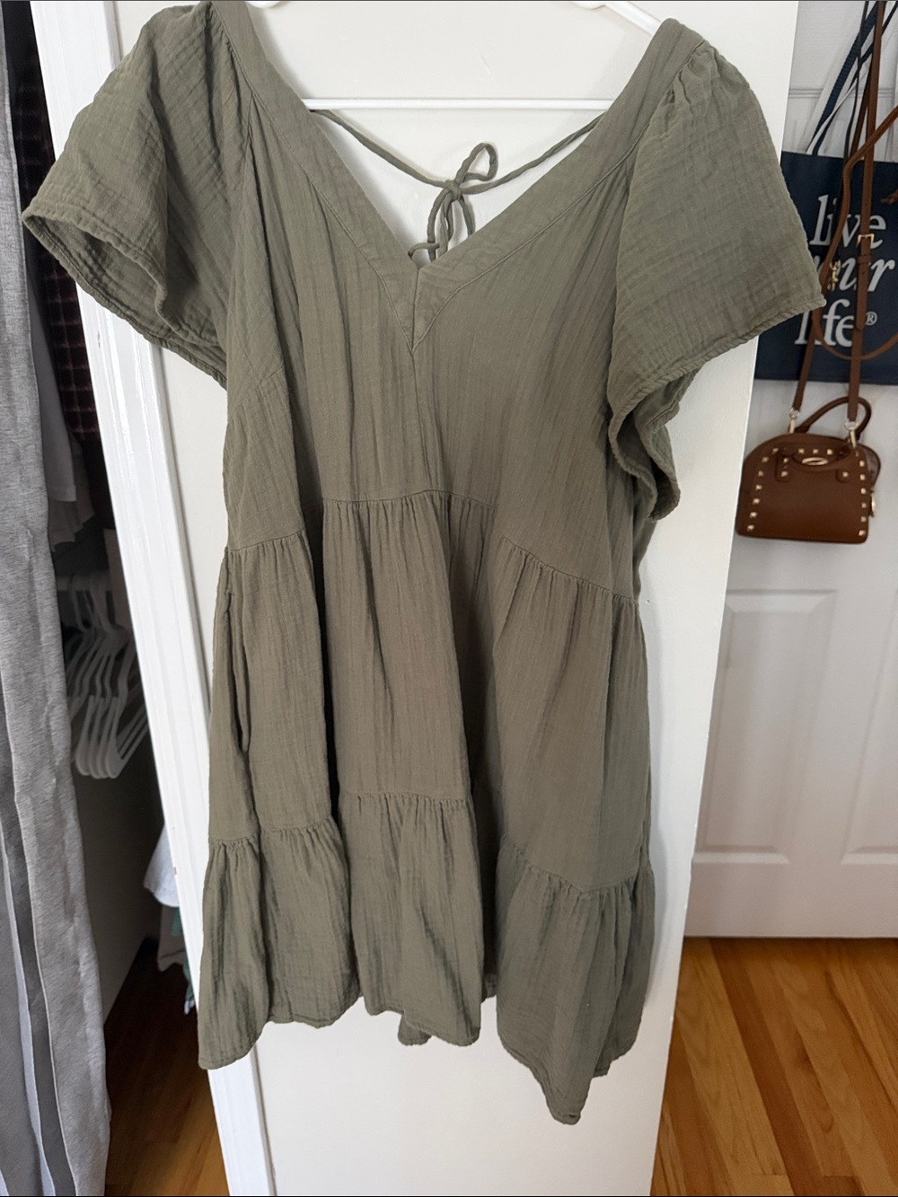 Old Navy Olive Tiered V-Neck Tunic with Tie Back